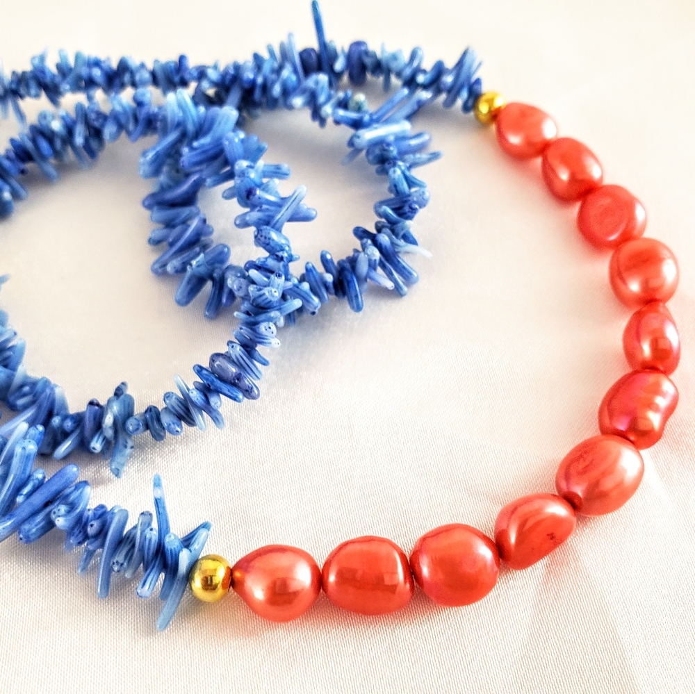 Handmade blue coral & hot punk pearl necklace
